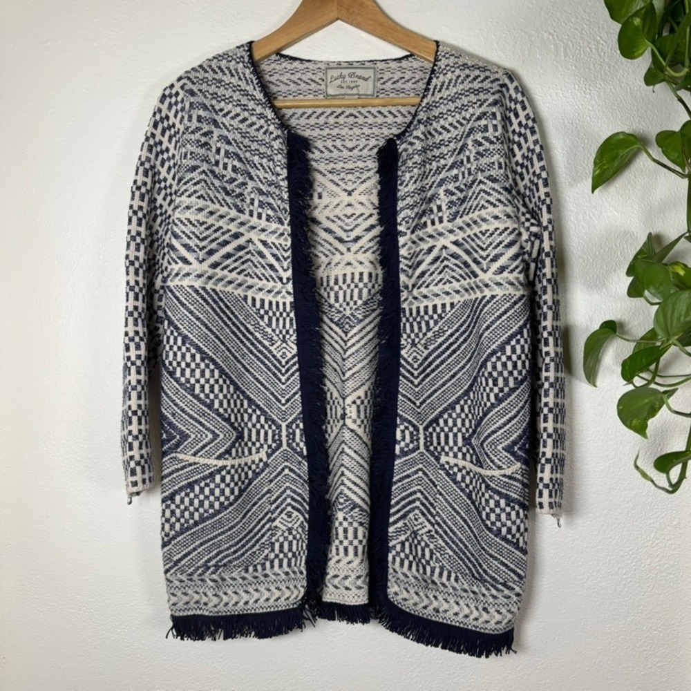 Lucky Brand Fringe Aztec Open Front Cardigan Blue Cream Woven Southwestern Small